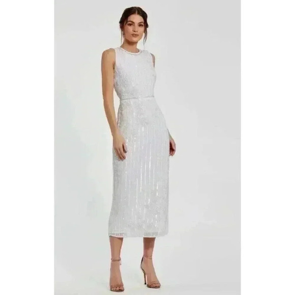 MAC DUGGAL 70260 STRIPED FLORAL EMBELLISHED SLEEVELESS WHITE MIDI DRESS 8 - Picture 2 of 11